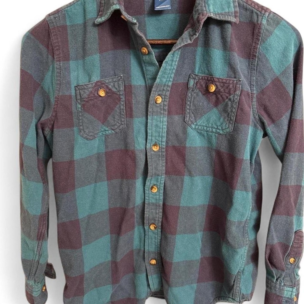 Arizona Jean Co Boys Teal Navy Buffalo Plaid Flannel Button Down Shirt L 14/16